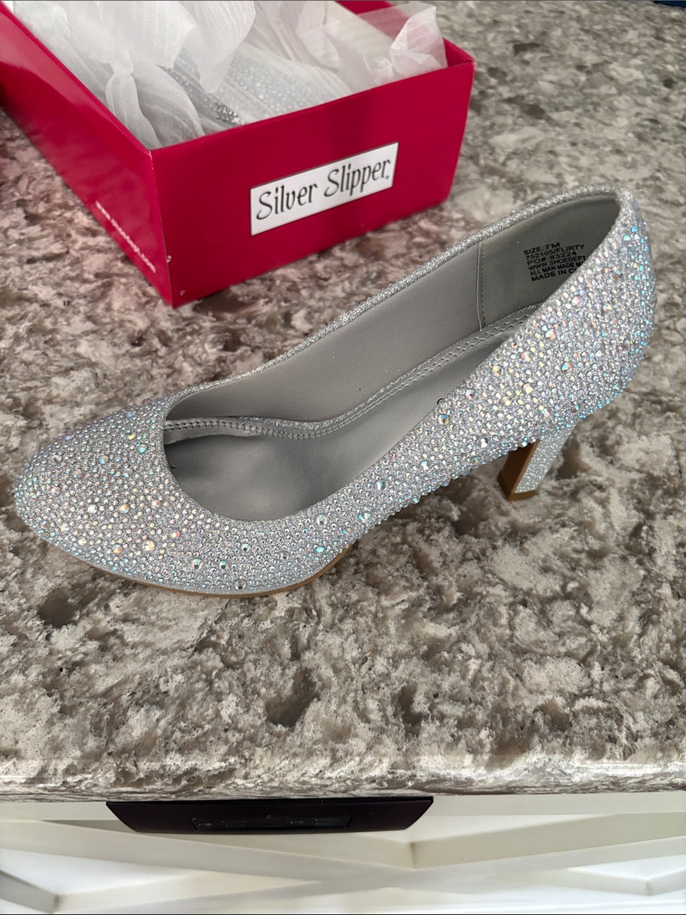 Silver Slipper Women's Silver Crystal Mid Heel Pump